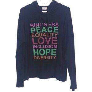 Free Kisses Womens Plus 2X Black Hoodie Kindness Peace Love Equality